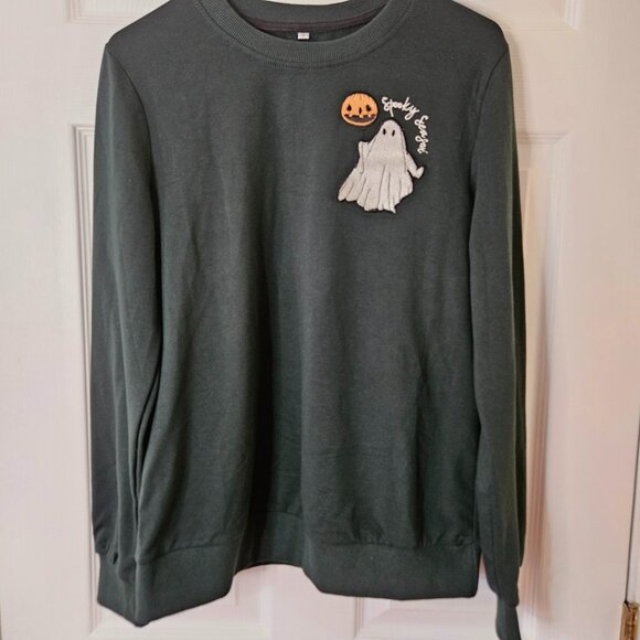 Halloween Sweatshirt Womens Small Green Spooky Season Embroidered Ghost Pumpkin - Picture 1 of 6